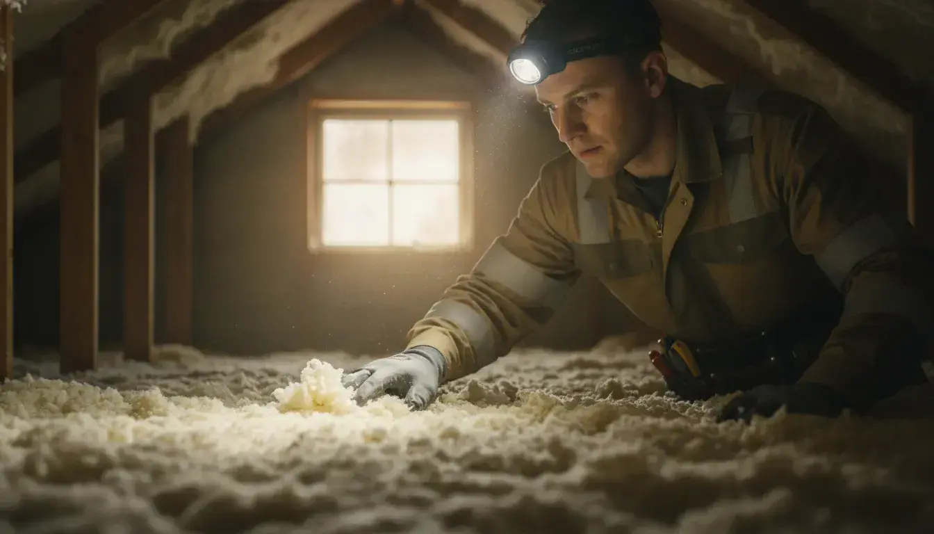 A certified home-energy technician inspecting blown-in attic insulation in a home attic